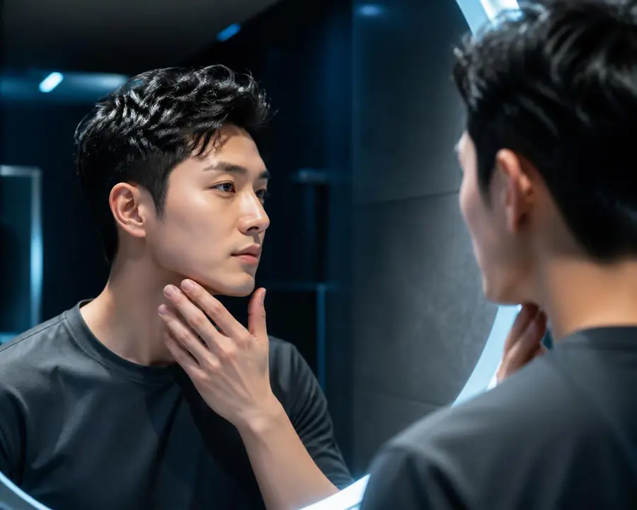 A man at a mirror considering his hair before styling.