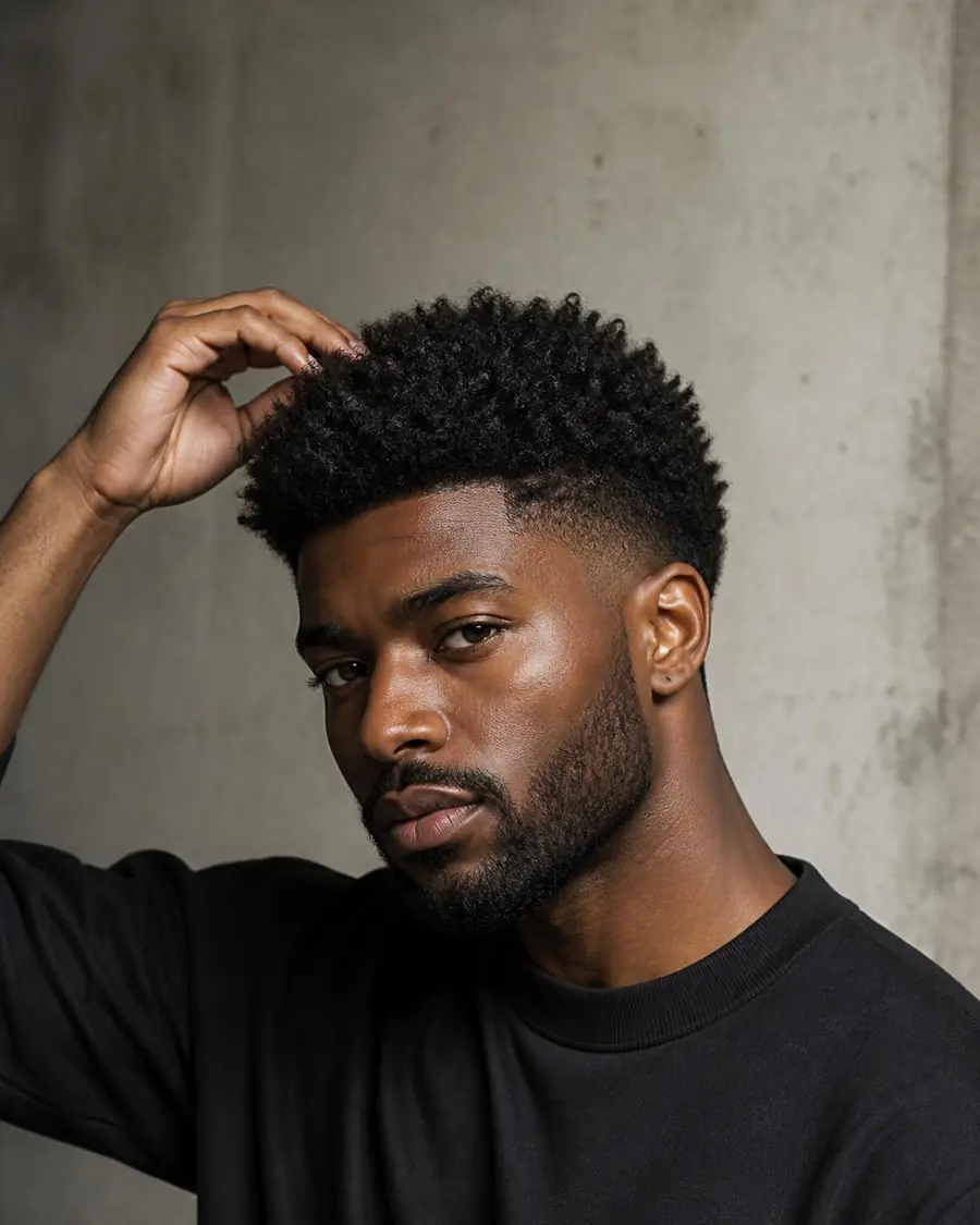 Man with thick textured hair evaluating his natural hair pattern