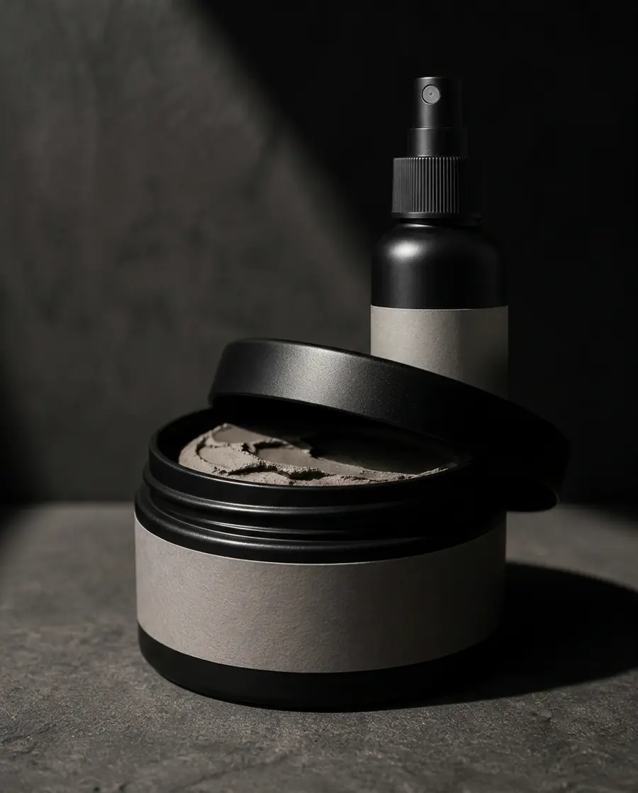 NoonProof Styling Clay jar in the foreground with the Sea Salt Spray bottle behind it on dark stone.