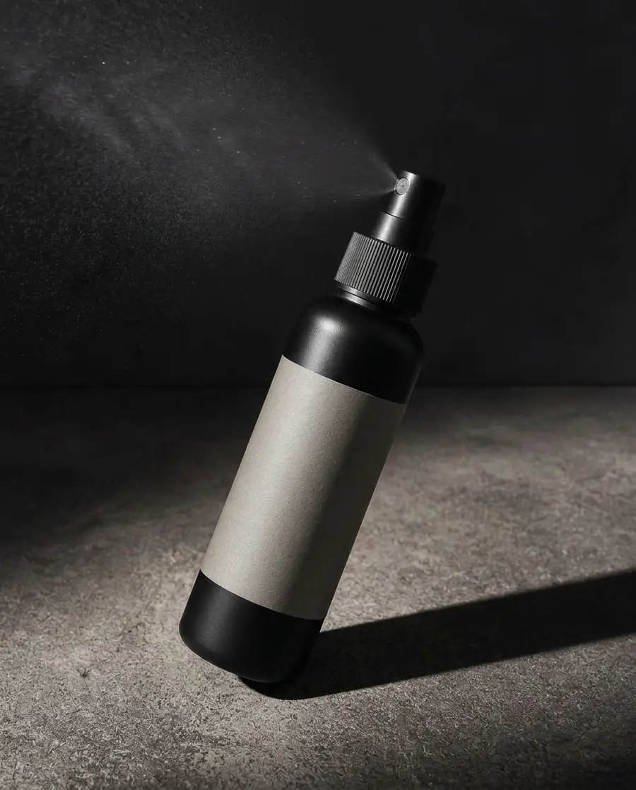 NoonProof Sea Salt Spray bottle at a three-quarter angle with a fine mist and directional shadow.