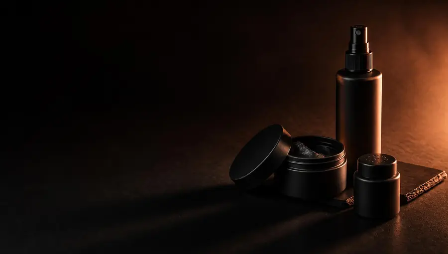 The three NoonProof products arranged as a wide system from a higher three-quarter angle in burnished copper light with long shadows