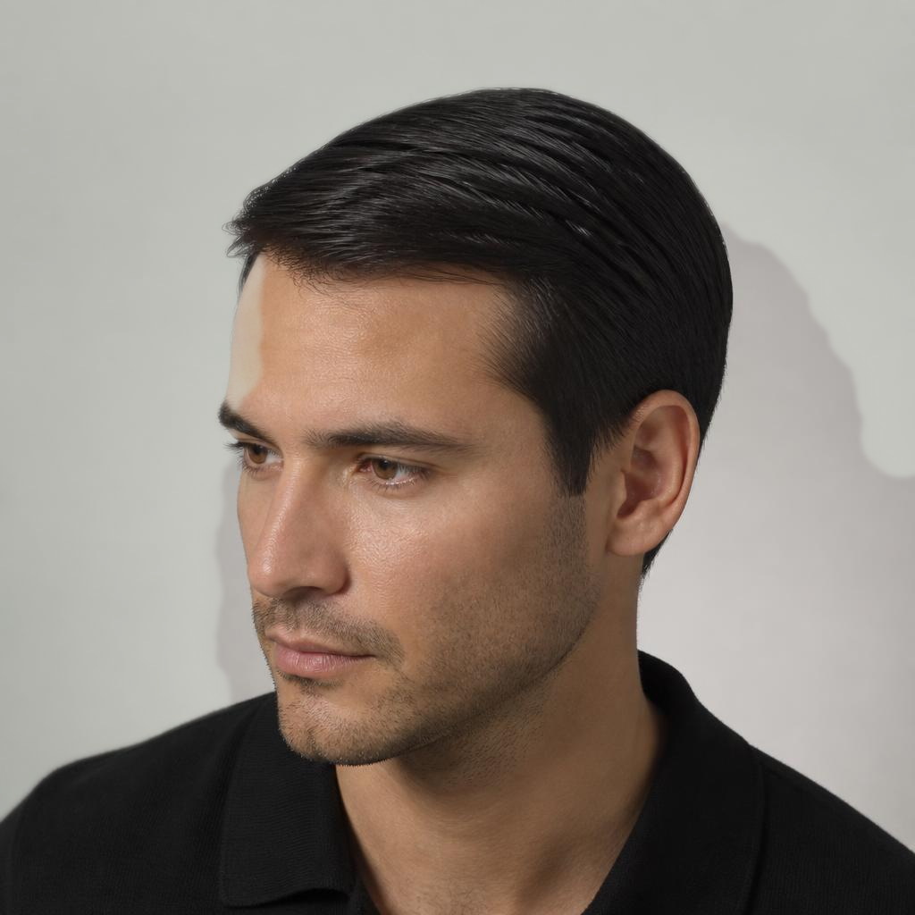 Man with dark hair collapsed flat against the scalp with no root lift
