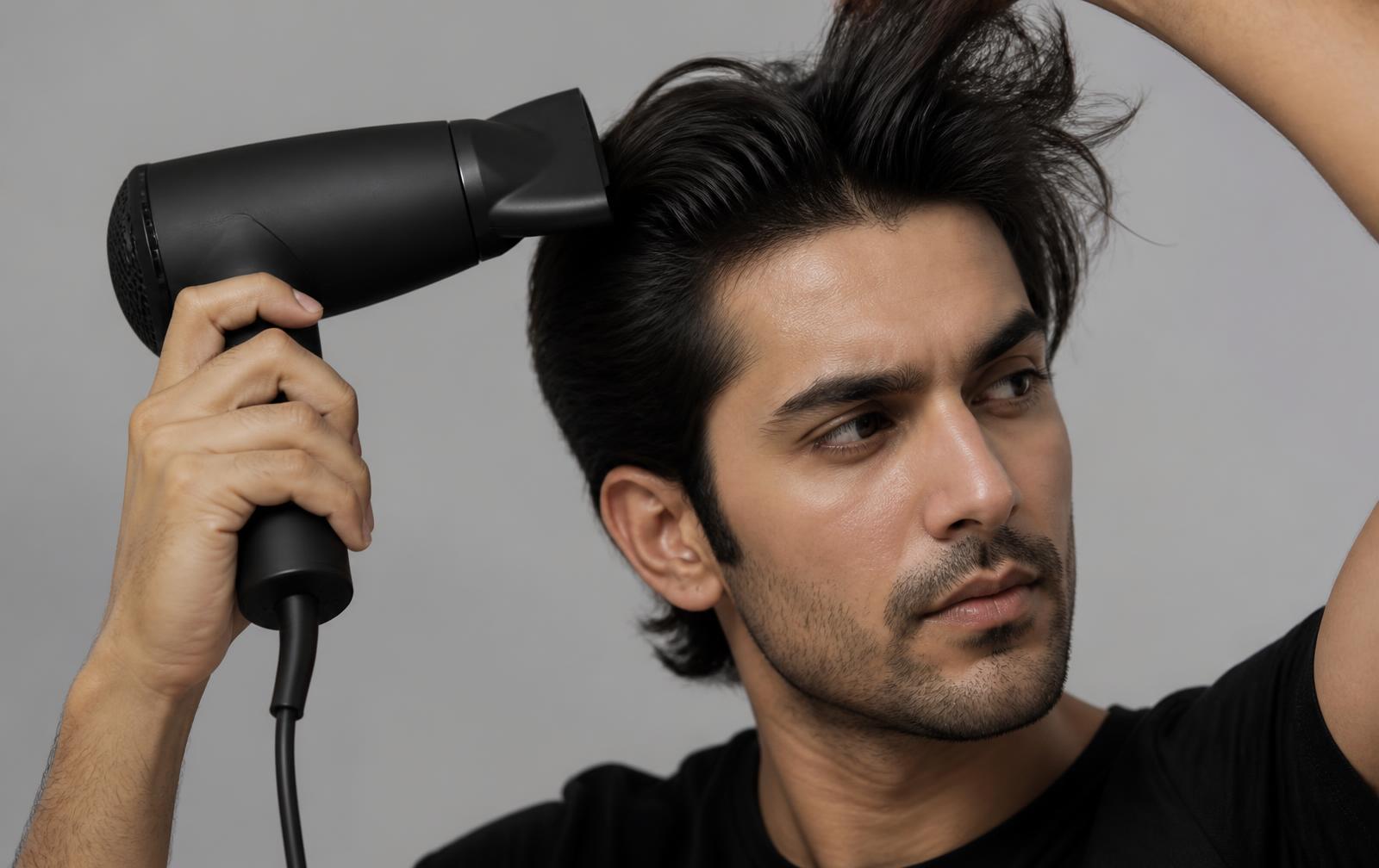 A man blow-drying his dark hair upward at the roots with a matte black dryer on a Titanium Silver studio backdrop
