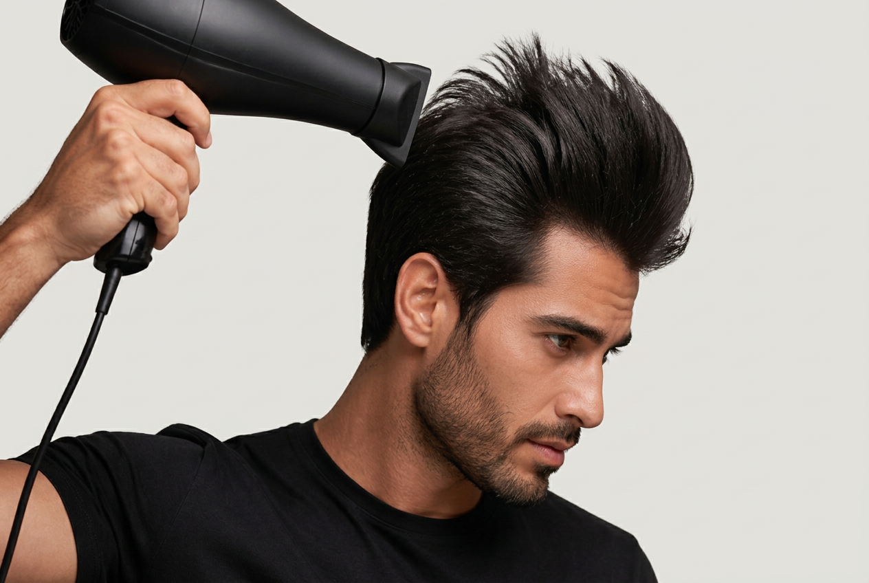 Thick hair being dried and lifted at the root