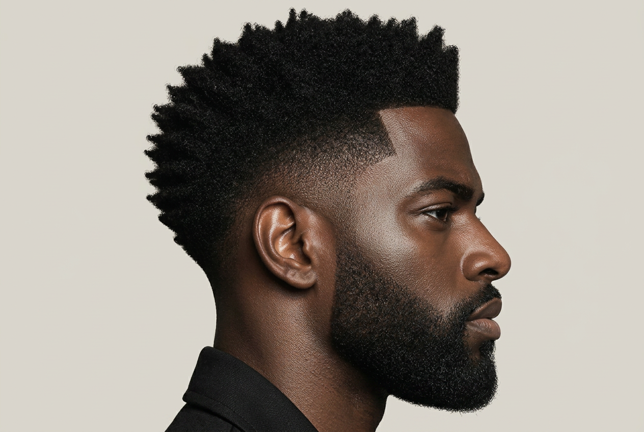 Side profile of a man with thick, textured dark hair styled with a matte finish against a Titanium Silver studio backdrop