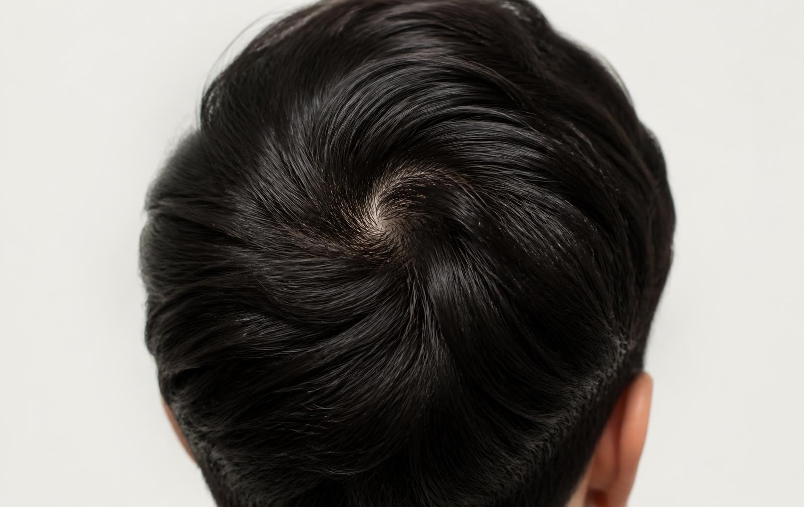 Crown of dark hair showing a natural growth swirl