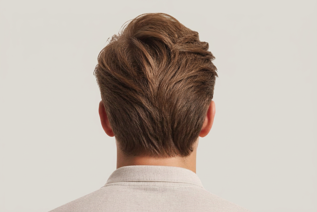 Back of a head of fine light-brown hair lifted at the roots