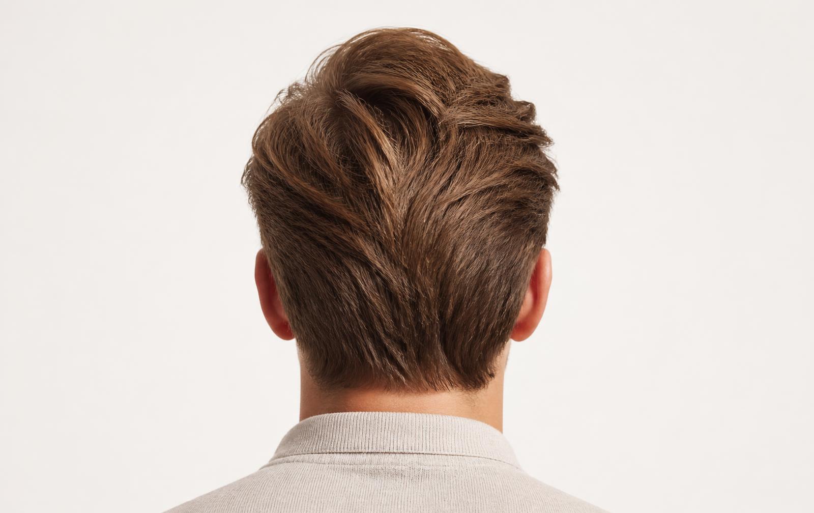 Back of a head of fine light-brown hair lifted at the roots