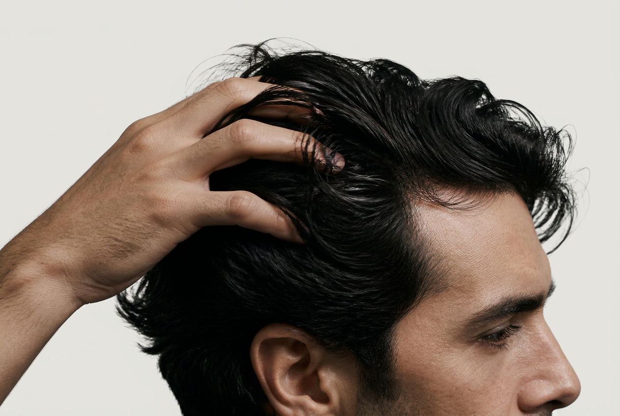 Close profile view of a hand running through thick dark hair showing shine at the roots