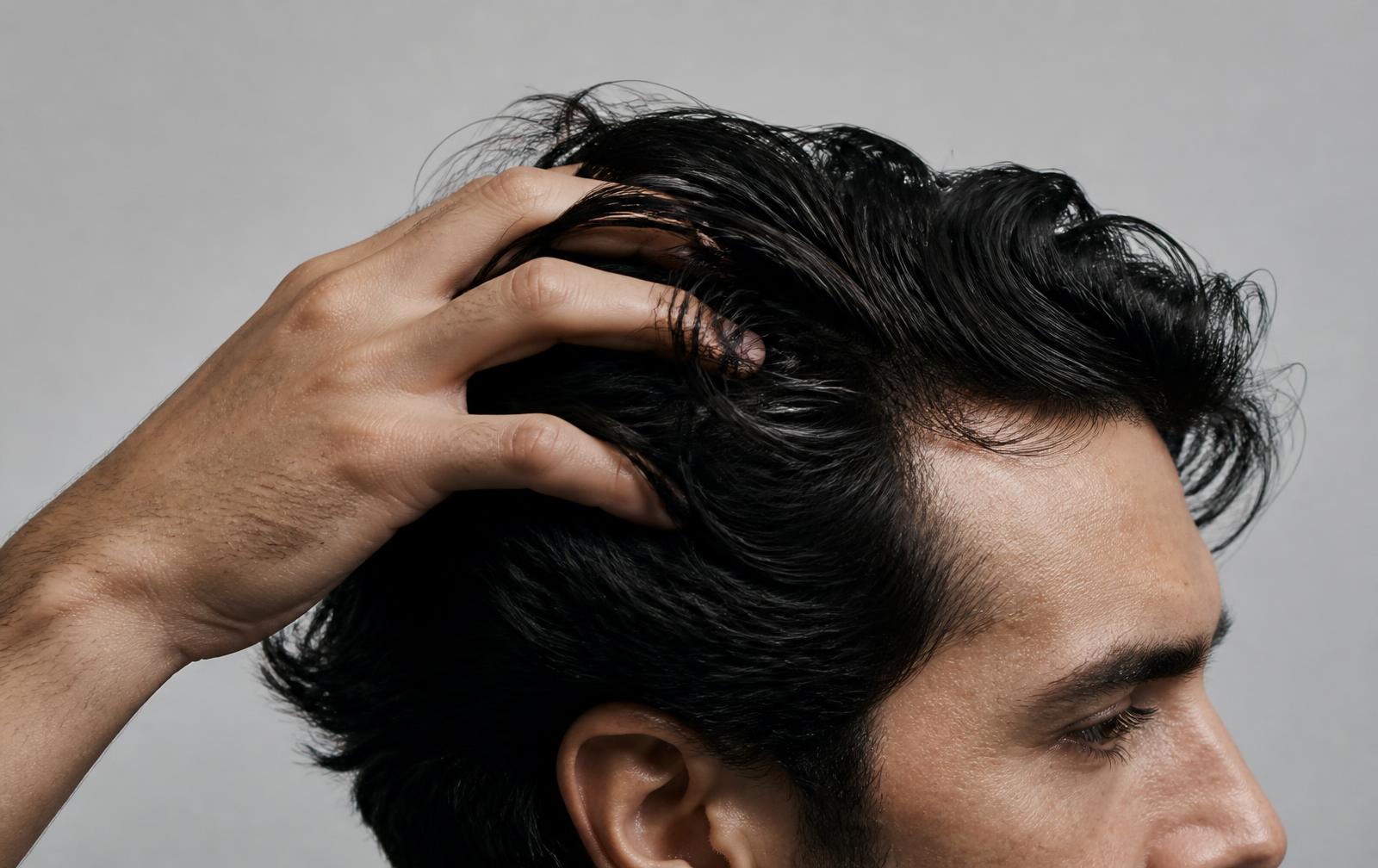 Close profile view of a hand running through thick dark hair showing shine at the roots
