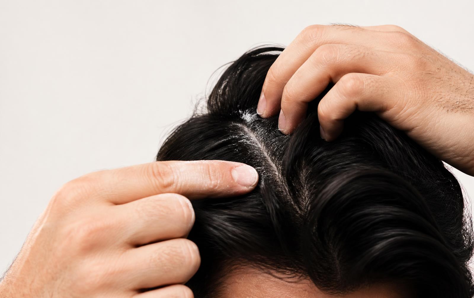 Close crop of hands parting dark hair to apply a trace of fine styling powder at the root on a Soft Luxury White backdrop