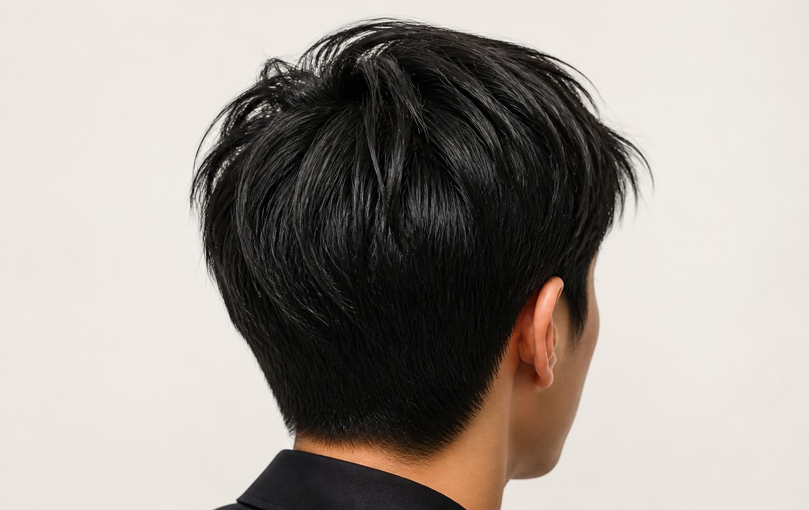 Back view of dense, straight black hair showing dry separated texture and root lift on a Soft Luxury White studio backdrop