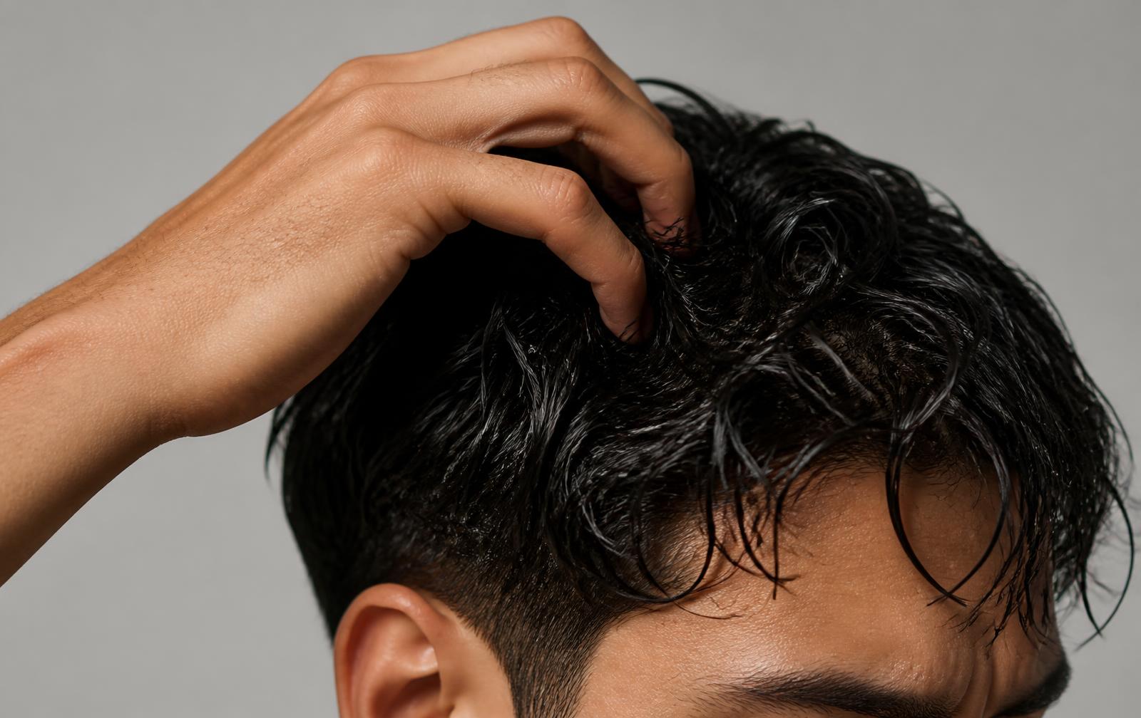 Damp wavy dark hair being worked with fingers before styling, on a Titanium Silver studio backdrop