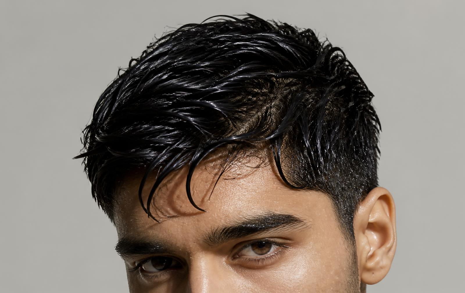 Water running through short dark hair in a shower against a clean neutral background