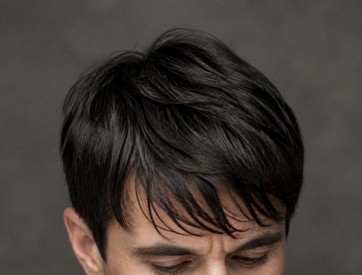 Thick straight hair that has collapsed forward and lost its styled shape