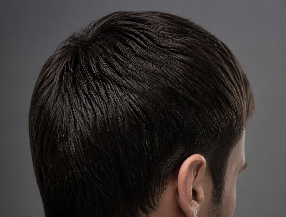 Dense dark hair lying flat against the scalp with no root volume