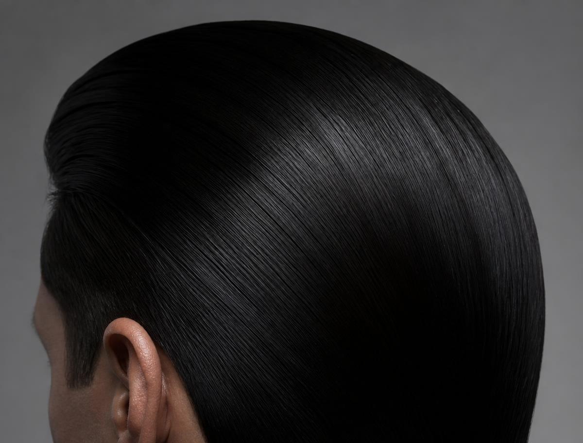 Thick straight hair lying in one smooth mass with no separation or texture