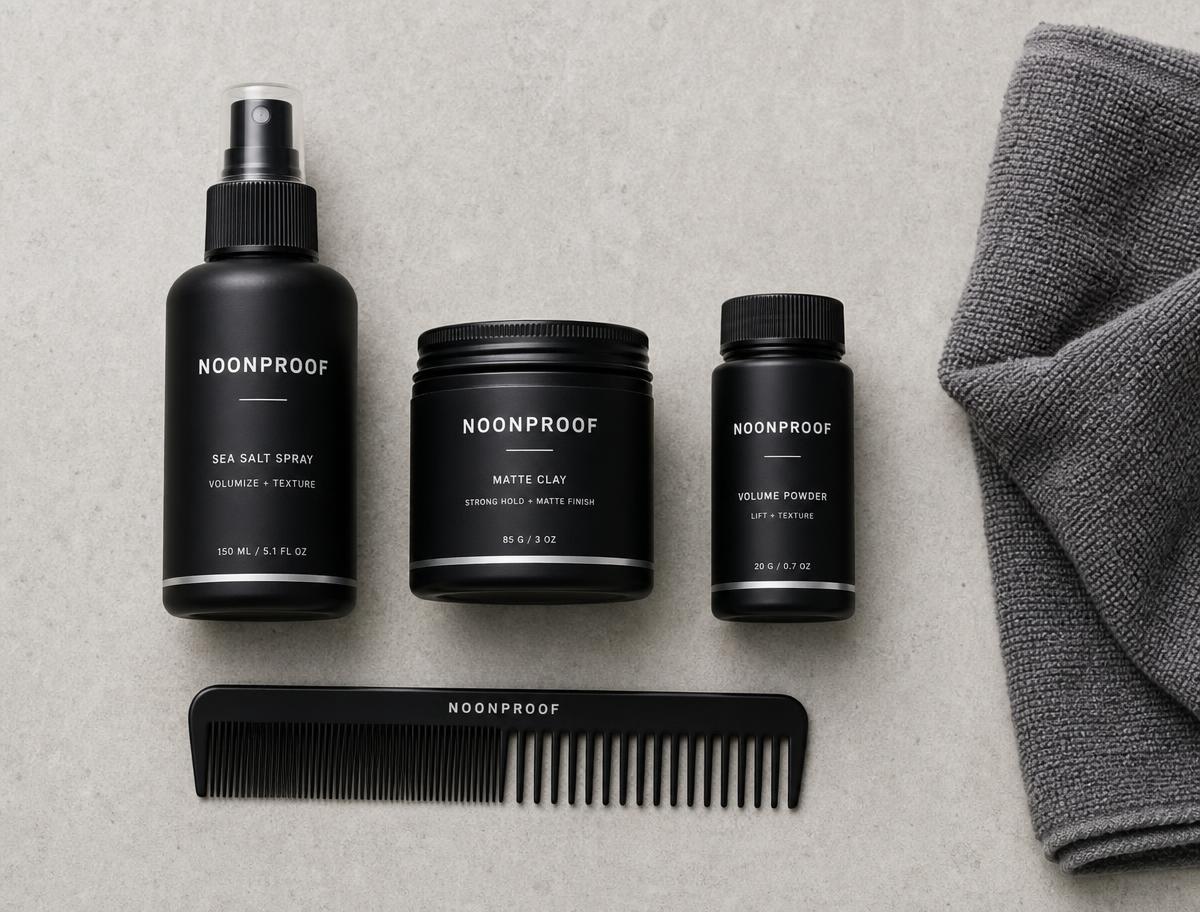 The three NoonProof styling products arranged with a comb