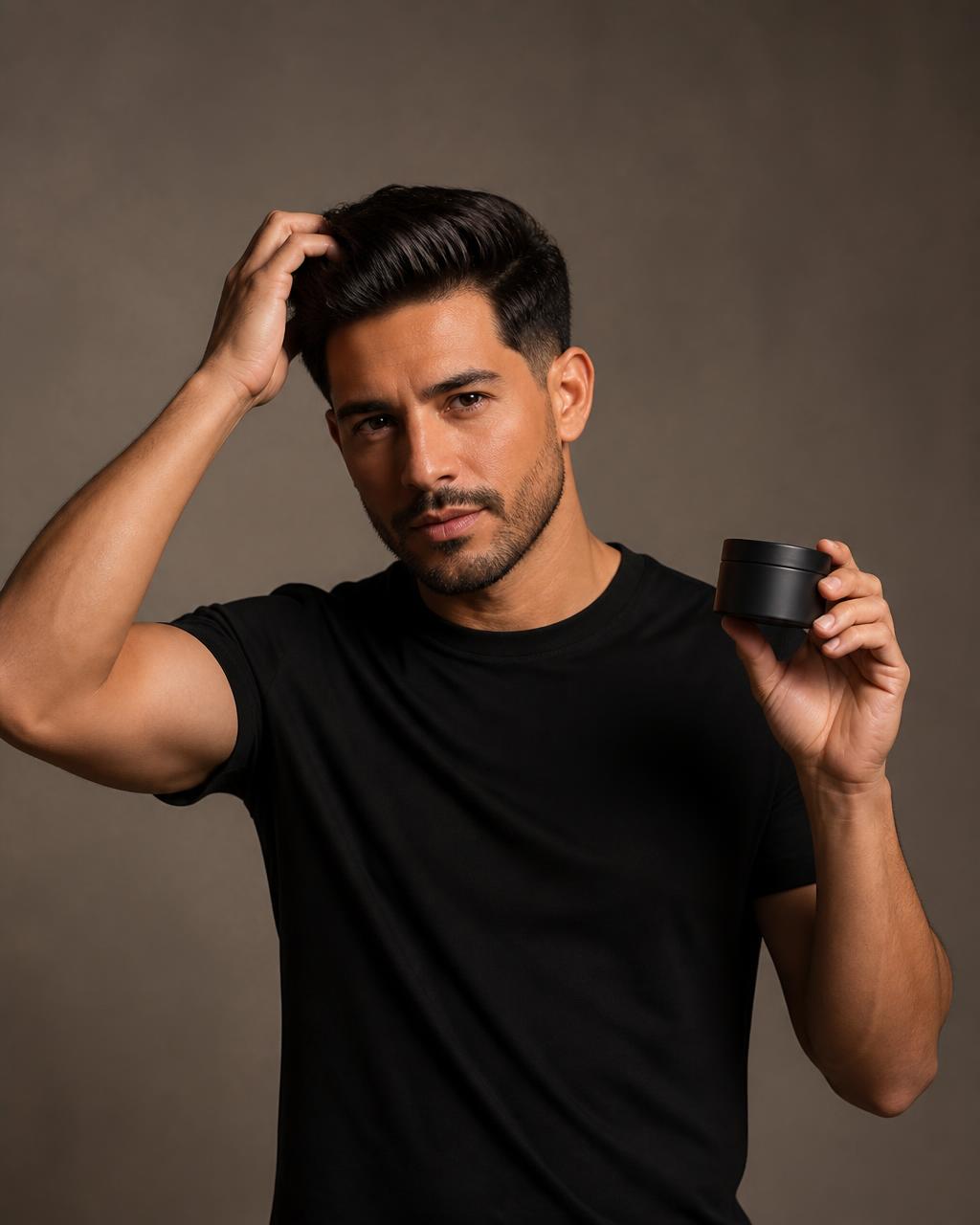 Latino man styling thick hair while holding a NoonProof styling product