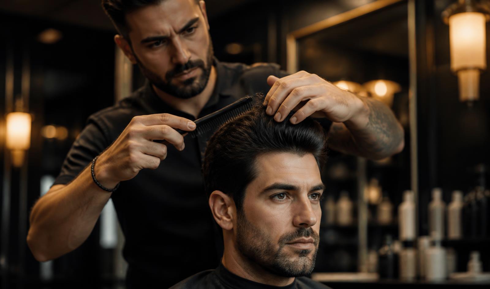 Barber shaping and styling a male client's thick dark hair with a comb