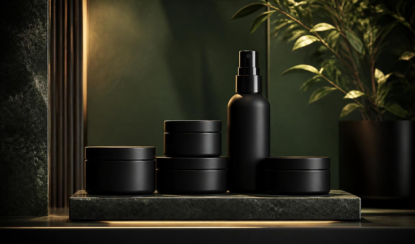 Matte black NoonProof styling products arranged on a premium boutique retail pedestal