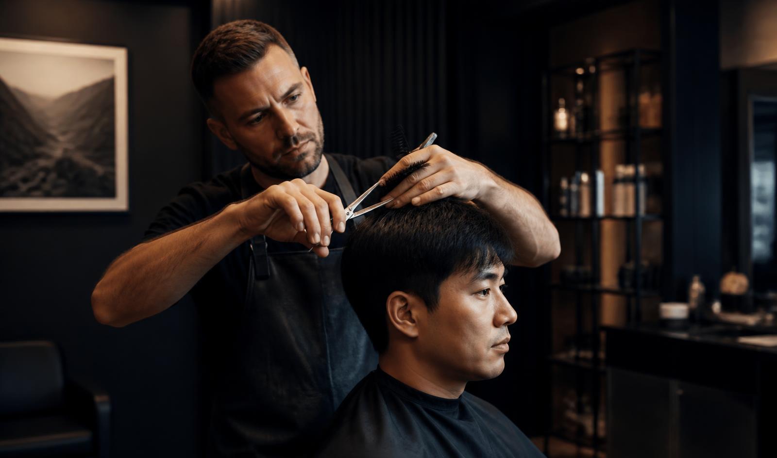 White male hairstylist cutting and shaping an Asian male client's thick, dense, straight dark hair in a premium salon