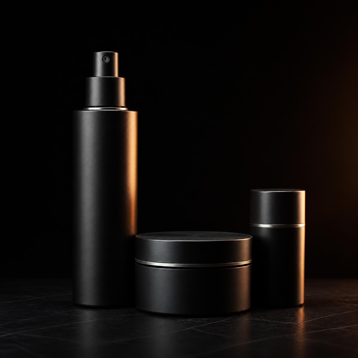 The NoonProof retail family — Sea Salt Spray, Styling Clay, and Styling Powder arranged at different heights under directional copper light